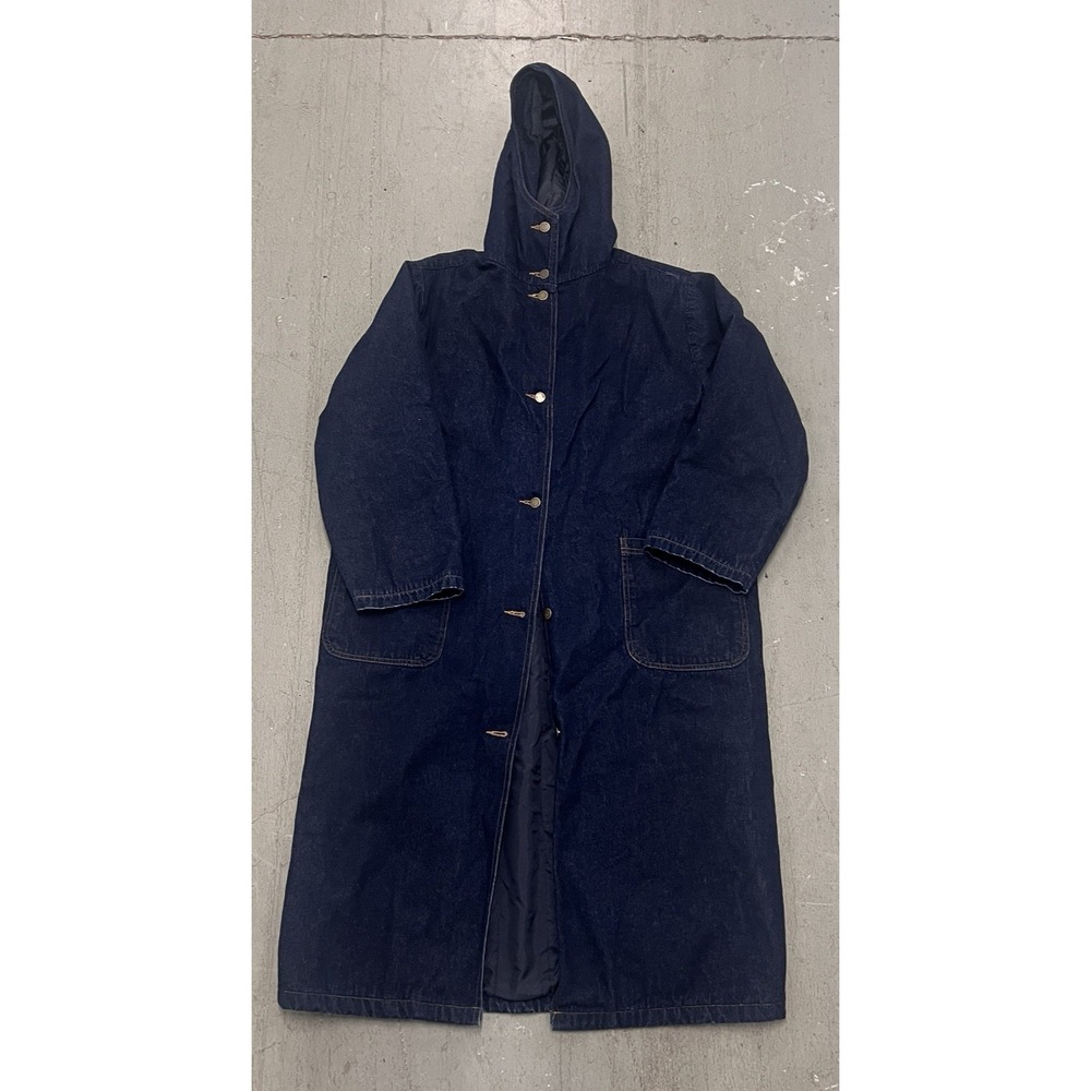 Vintage Jill Evans Women's Blue Cotton Denim Full-Length Coat Size Small Hooded